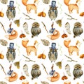 Seamless pattern of watercolor pretty foxes, owls and forest natural elements