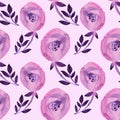 Seamless pattern watercolor purple abstract flower with leaves isolated on pink background. Creative hand-drawn spring Royalty Free Stock Photo