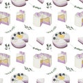 Seamless pattern of watercolor purple fruit cakes