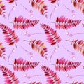 Seamless pattern with watercolor purple and pink fern branches