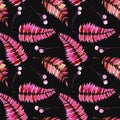 Seamless pattern with watercolor purple and pink fern branches