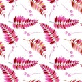 Seamless pattern with watercolor purple and pink fern branches