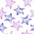 Seamless pattern with watercolor purple and pink stars