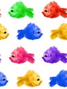 Seamless pattern of watercolor purple yellow green blue red blot stain in the form a silhouette of a fish on a white background Royalty Free Stock Photo