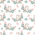 Seamless pattern with watercolor rabbits, green branches and red berries