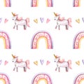 Seamless pattern with watercolor rainbow, hearts, unicorn. Hand drawn illustration is isolated on white. Cute painted ornament Royalty Free Stock Photo