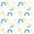 Seamless pattern watercolor rainbows sun drops of rain cloud isolated on white background Abstract modern illustration Royalty Free Stock Photo