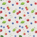 Seamless pattern with watercolor raspberries, blueberry, cherries and leaves isolated on gray background