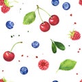 Seamless pattern with watercolor raspberries, blueberry, cherries and leaves isolated on white background