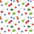 Seamless pattern with watercolor raspberries, blueberry, cherries and leaves isolated on white background
