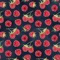 Seamless pattern with watercolor raspberries on dark blue background