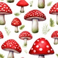 seamless pattern of watercolor red Agarics on white background Royalty Free Stock Photo