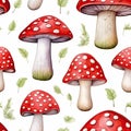seamless pattern of watercolor red Agarics on white background Royalty Free Stock Photo