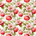 seamless pattern of watercolor red apples, flowers and leaves on a white background Royalty Free Stock Photo