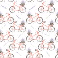 Seamless pattern of watercolor red bicycle with basket of lavender flowers
