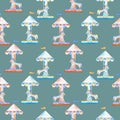 Seamless pattern with watercolor red and blue carousel with horses from the amusement park