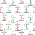 Seamless pattern with watercolor red and blue carousel with horses from the amusement park