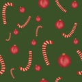 Seamless pattern with watercolor red Christmas balls and candy canes on green background. Christmas decorations. Print, packaging, Royalty Free Stock Photo