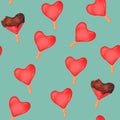 Seamless pattern with watercolor red hearts ice creams Royalty Free Stock Photo