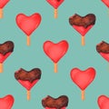 Seamless pattern with watercolor red hearts ice creams Royalty Free Stock Photo