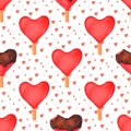 Seamless pattern with watercolor red hearts ice creams Royalty Free Stock Photo