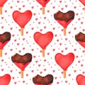 Seamless pattern with watercolor red hearts ice creams Royalty Free Stock Photo