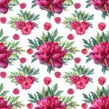 Seamless pattern watercolor red peony summer flower with green leaves and raspberry on white. Hand-drawn floral plant