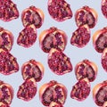 Seamless pattern watercolor red pomegranate with seeds isolated on gray background. Art garnet object for menu, textile