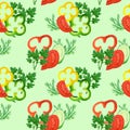 Seamless pattern with watercolor red, yellow, green pepper rings, tomatoes, cucumbers and greens Royalty Free Stock Photo