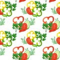 Seamless pattern with watercolor red, yellow, green pepper rings, tomatoes, cucumbers and greens Royalty Free Stock Photo