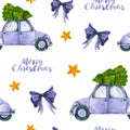 Seamless pattern with watercolor retro car, spruce, star, bow. Hand drawn illustration isolated on white Royalty Free Stock Photo