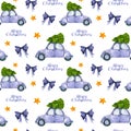 Seamless pattern with watercolor retro car, spruce, star, bow. Hand drawn illustration isolated on white. Template Royalty Free Stock Photo