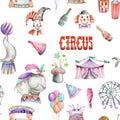 A seamless pattern with the watercolor retro circus elements: air balloons, pop corn, circus tent (marquee), ice cream, circus ani Royalty Free Stock Photo