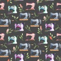 Seamless pattern with watercolor retro sewing machines and floral elements Royalty Free Stock Photo