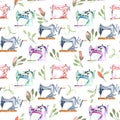 Seamless pattern with watercolor retro sewing machines and floral elements