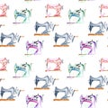 Seamless pattern with watercolor retro sewing machines