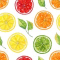 Seamless pattern with watercolor ripe fruits, citrus. Bright summer orange, lemon, lime, grapefruit, leaves for holiday and party