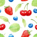 Seamless pattern with watercolor ripe strawberry, cherry, blueberry, leaves. Bright summer berries for Birthday postcard, Greeting Royalty Free Stock Photo