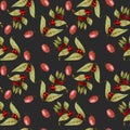 Seamless pattern with watercolor ripening coffee beans on the branches and red coffee beans Royalty Free Stock Photo