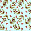 Seamless pattern with watercolor ripening coffee beans on the branches and red coffee beans Royalty Free Stock Photo