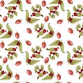 Seamless pattern with watercolor ripening coffee beans on the branches and red coffee beans Royalty Free Stock Photo