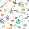 Seamless pattern of watercolor romantic arrows and hearts