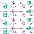 Seamless pattern of watercolor romantic arrows with the mint, green and purple feathers