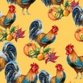 Seamless pattern of watercolor roosters