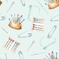 Seamless pattern with watercolor safety pins and needles Royalty Free Stock Photo