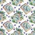 Seamless pattern watercolor sandwich with cucumber and bread, green leaves, berries blueberry on white background