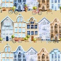 Seamless pattern of watercolor scandinavian houses street