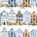 Seamless pattern of watercolor scandinavian houses street