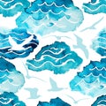Seamless pattern watercolor sea and clouds. Flying seagulls. Vector illustration Royalty Free Stock Photo