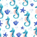 Seamless pattern with watercolor seahorse and shells